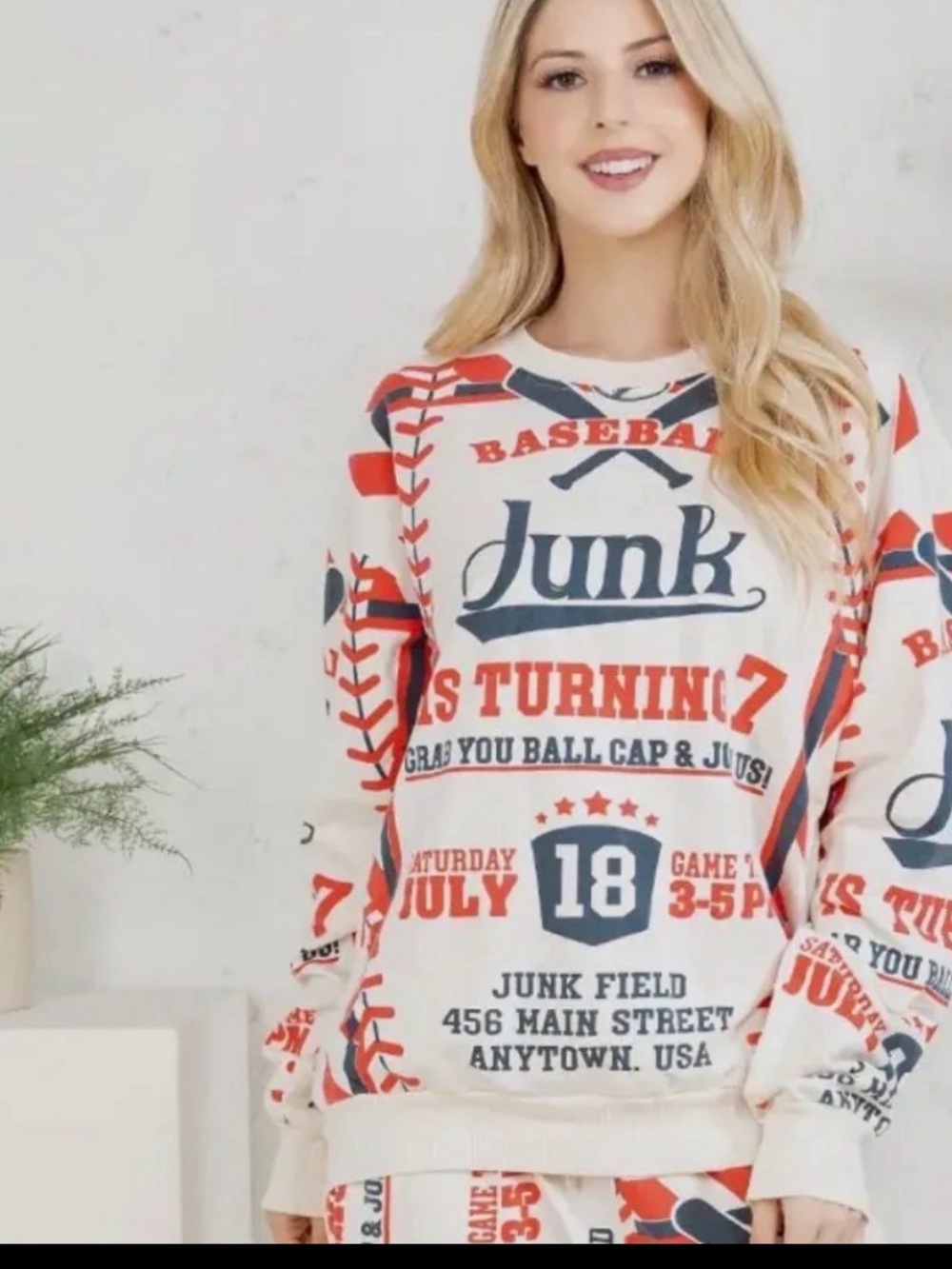 The Sak Cream Crewneck Sweatshirt with Red & Navy Baseball Print